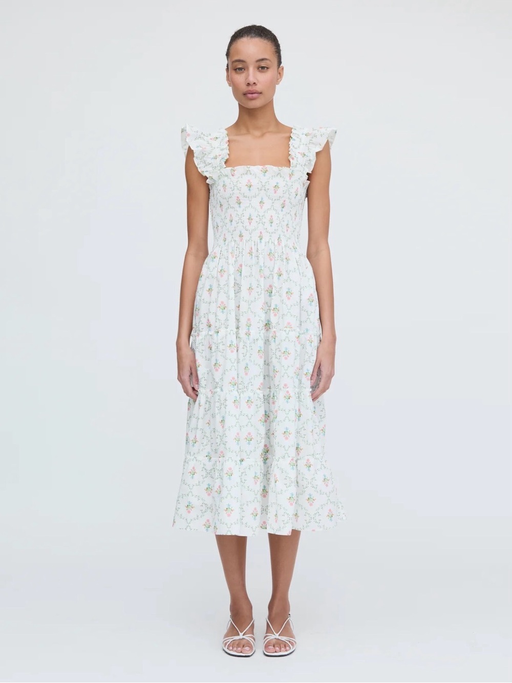 Hill House Home The Nap Dress Floral Smocked Tiered Maxi Dress S Pastel Trellis